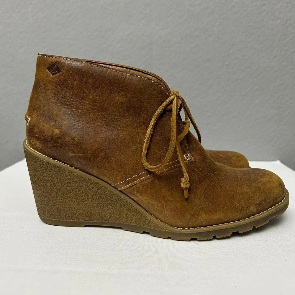 Sperry Leather Wedge Harlow Bootie Women's 8 Cognac Dressy Casual Boho Earthy